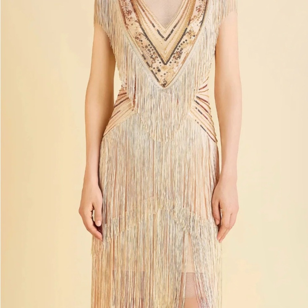 Cream Tan Embellished Sheath Midi Dress